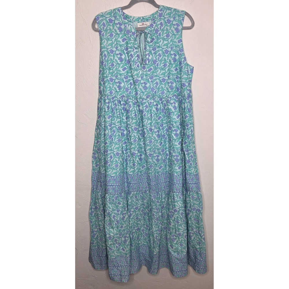 Vineyard Vines Women's Size Large Blue Green 100% Cotton Maxi Dress Sleeveless